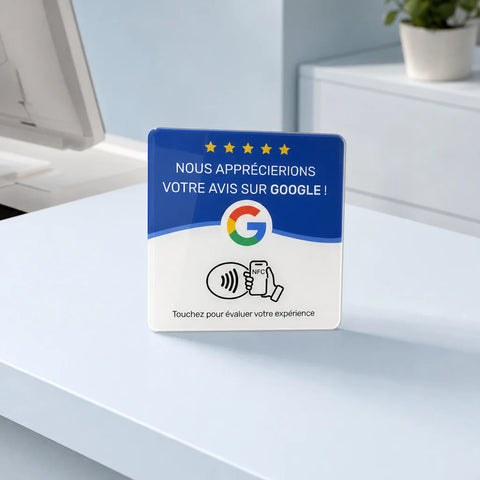 Commercial offer portrait for a square quantity card showing exactly one sourced NFC review plaque a