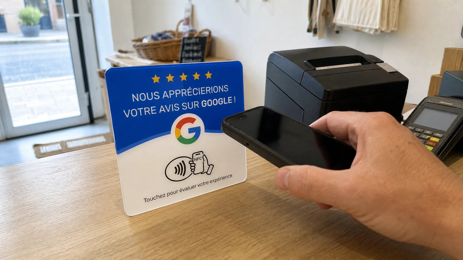 Landscape customer-phone photograph for a product-in-use section. Show the exact supplied Plaque NFC