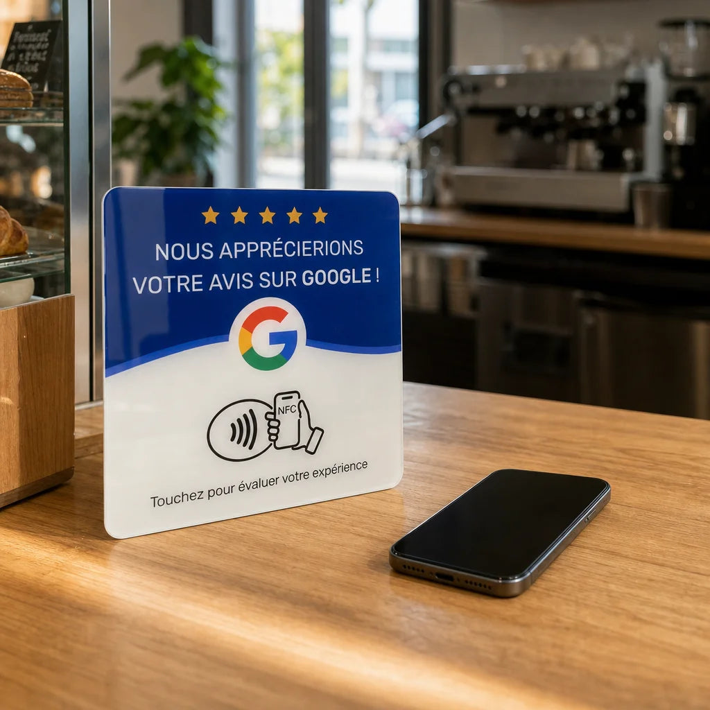 Source-bound contextual tech hero, 1:1. The exact sourced NFC review plaque sits vertically on a rea