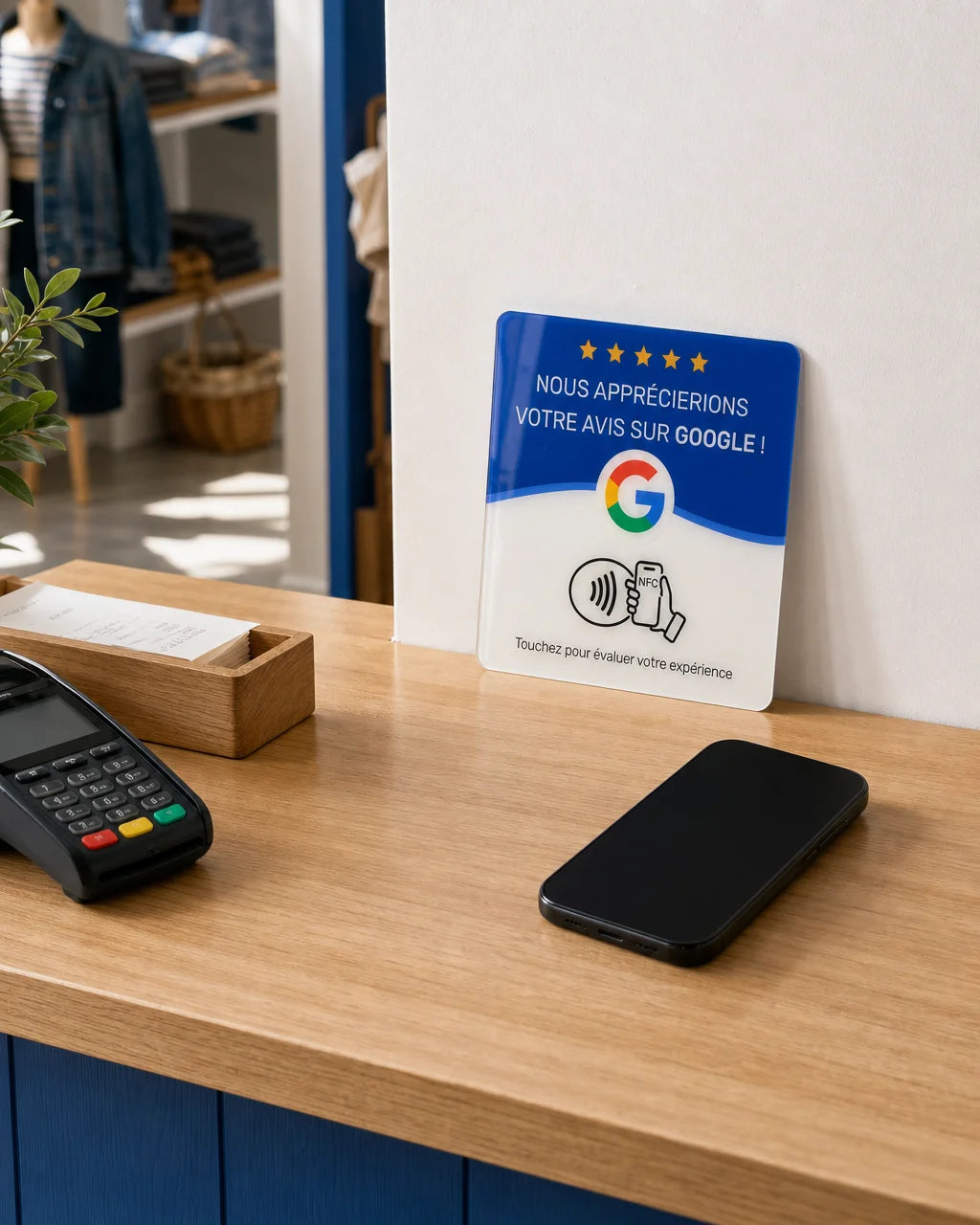 Source-bound contextual tech hero, 4:5 portrait. The exact referenced Plaque NFC pour avis Google st