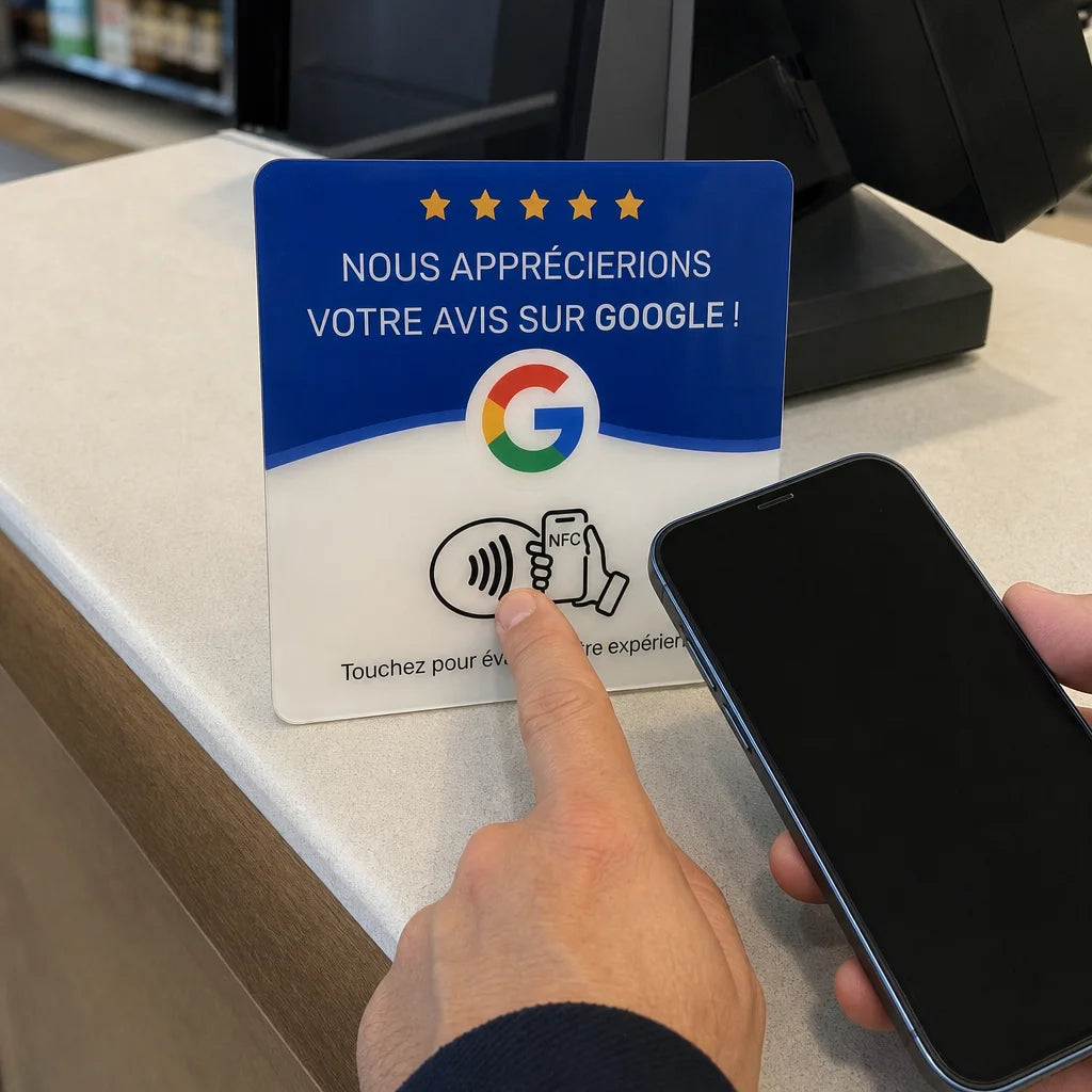 Square documentary photograph freezing one clear NFC action: a customer's fingertip makes physical c