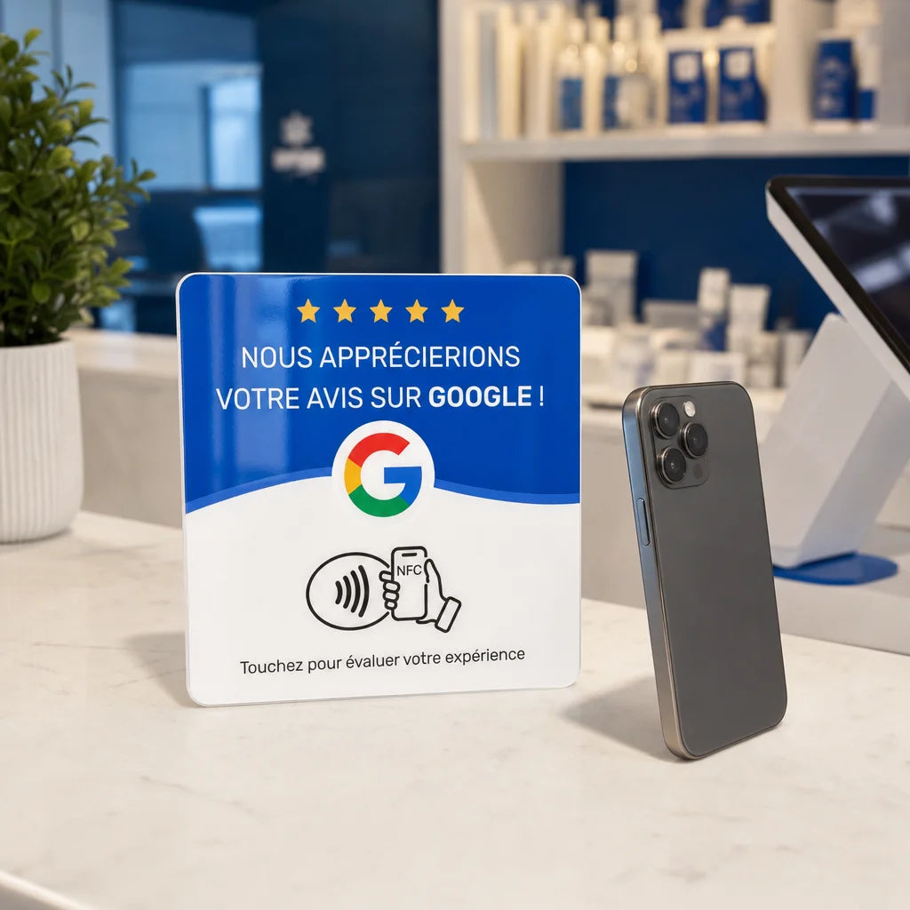 Commercial product photograph, square composition. Show the exact sourced Plaque NFC for avis Google