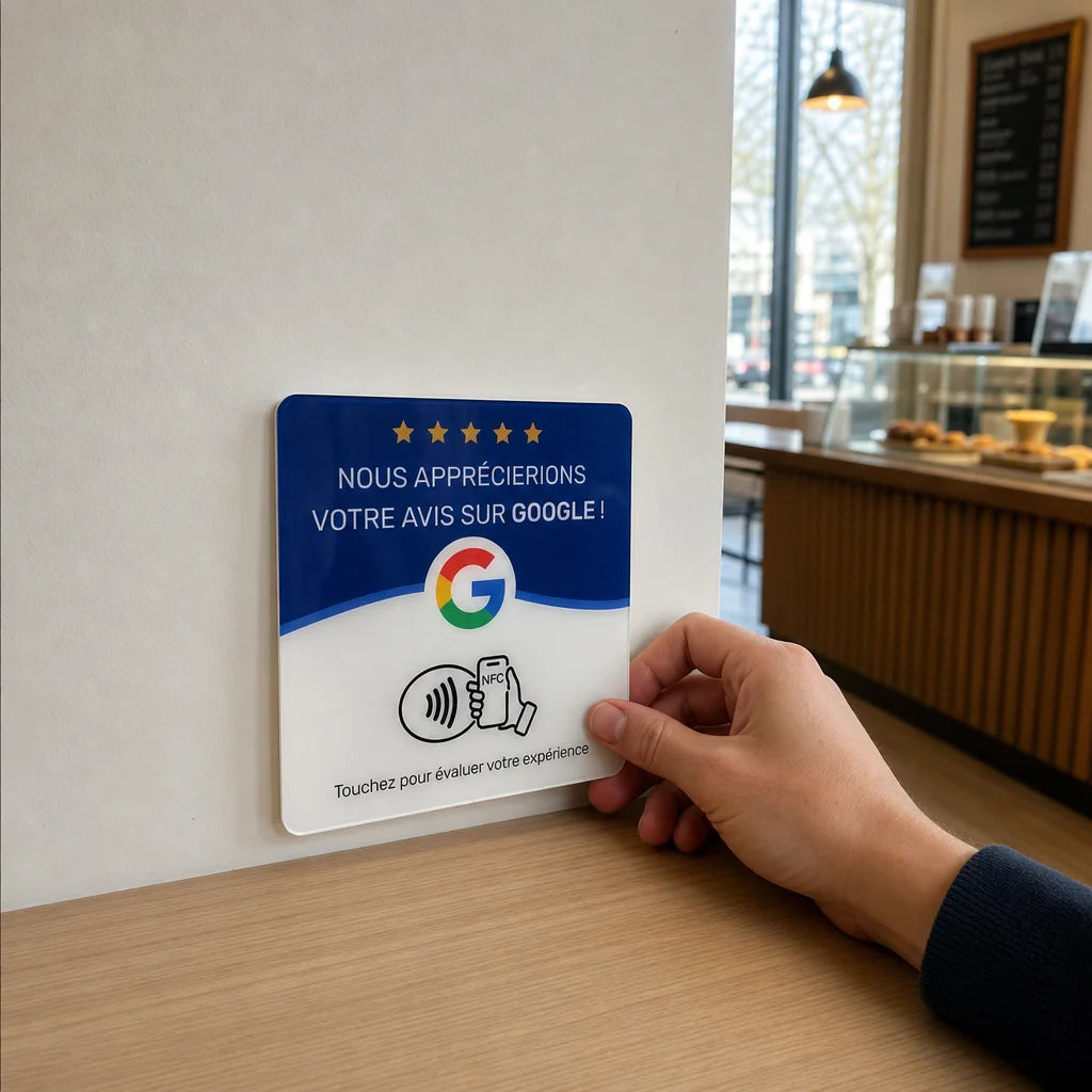Square documentary photograph of one merchant placing the exact sourced NFC review plaque upright at