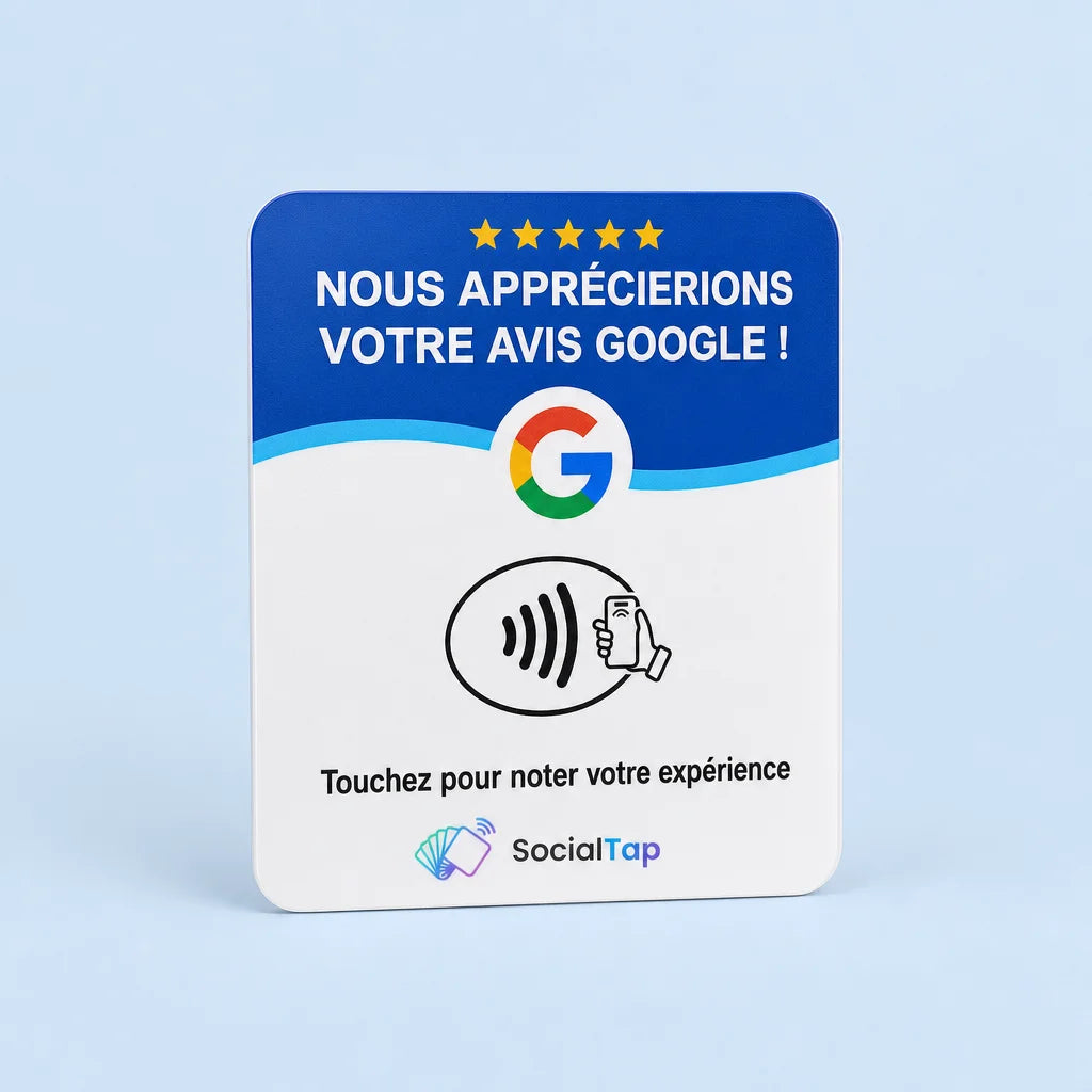 Square 1:1 source-bound product advertisement for a mobile popup. Show the exact real Plaque NFC pou