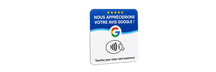 Wide 3:1 editorial footer image. Place the exact PlaqueNFC NFC review plaque alone, upright and full